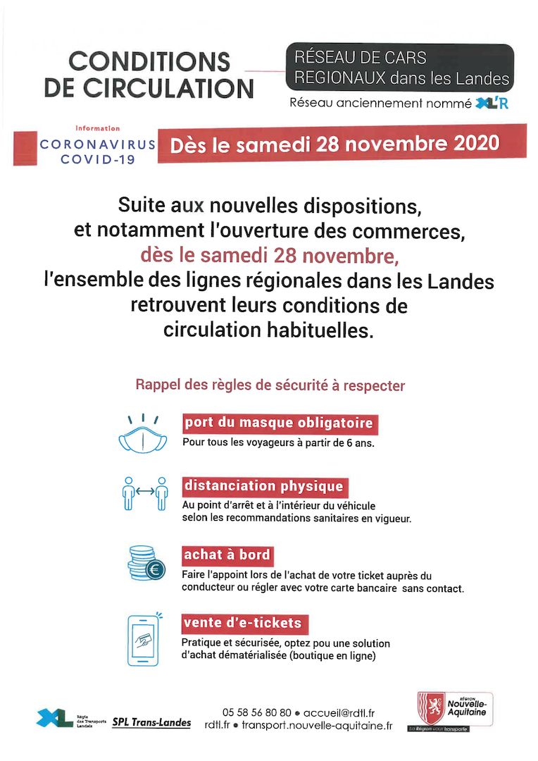 Circulation des cars dans les Landes à ccompter du 28 novembre 2020